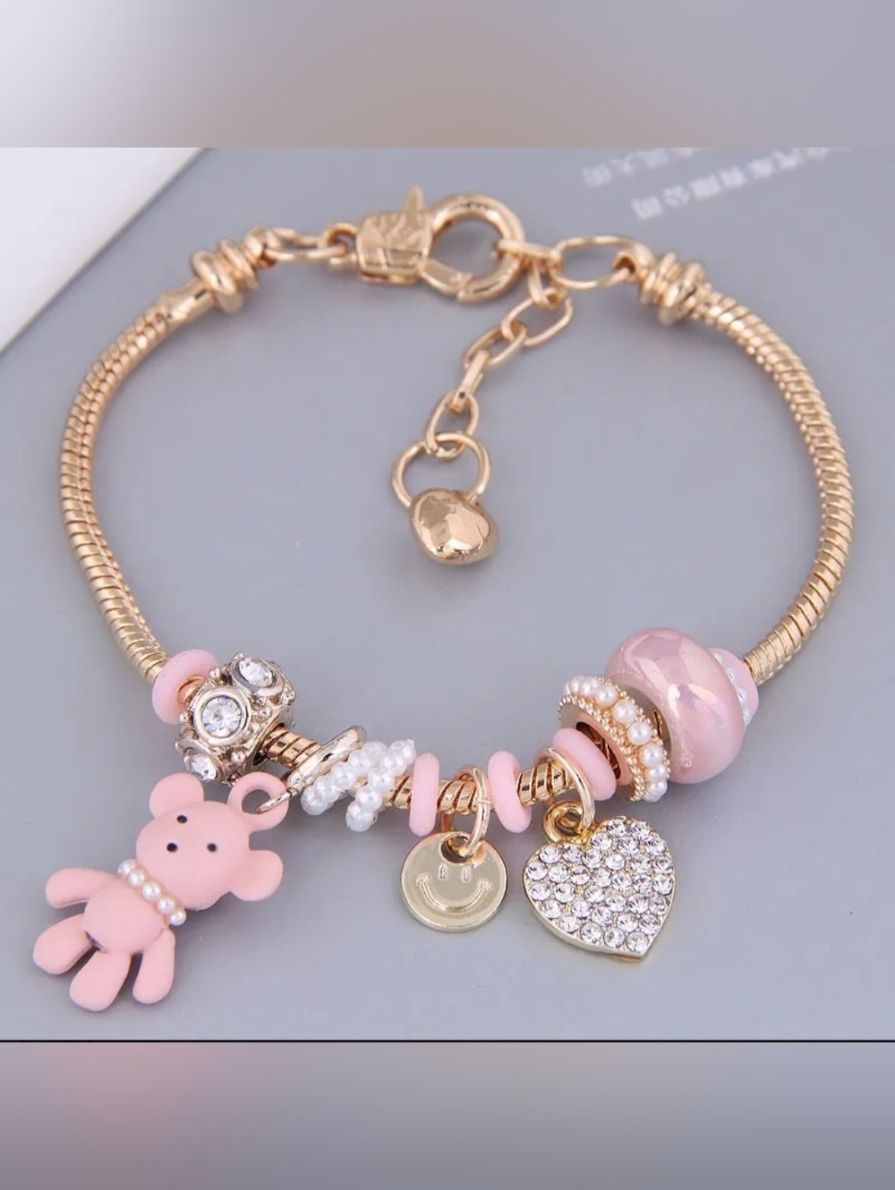 Heart and Teddy Bear Charm Bracelet Pink Zircon Heart Charm - Picture 8 of 12